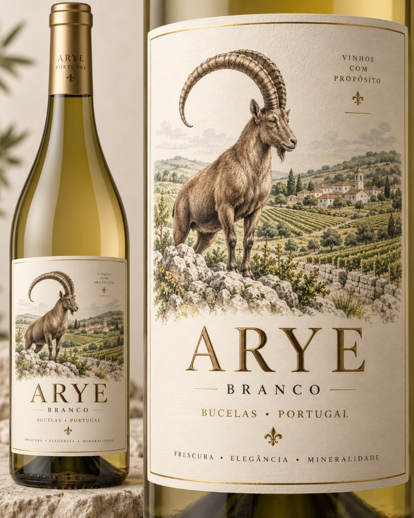 Garrafa e rótulo Arye Branco com ilustração de íbex