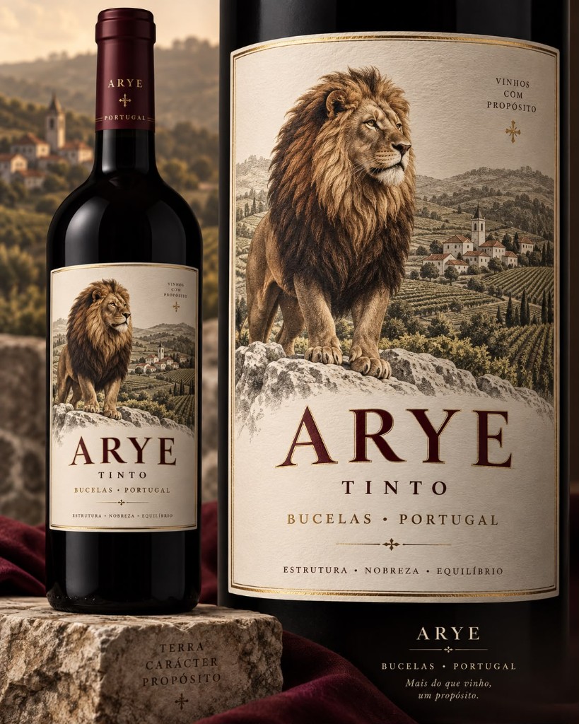 Garrafa e rótulo Arye Tinto com ilustração de leão
